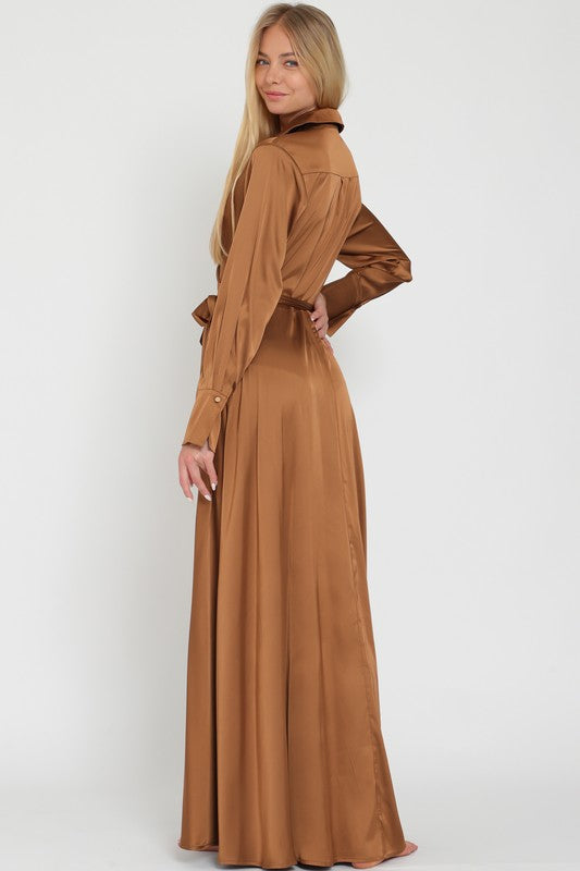 Sinead 70s Style Collar Wrap Maxi Dress - Bronze