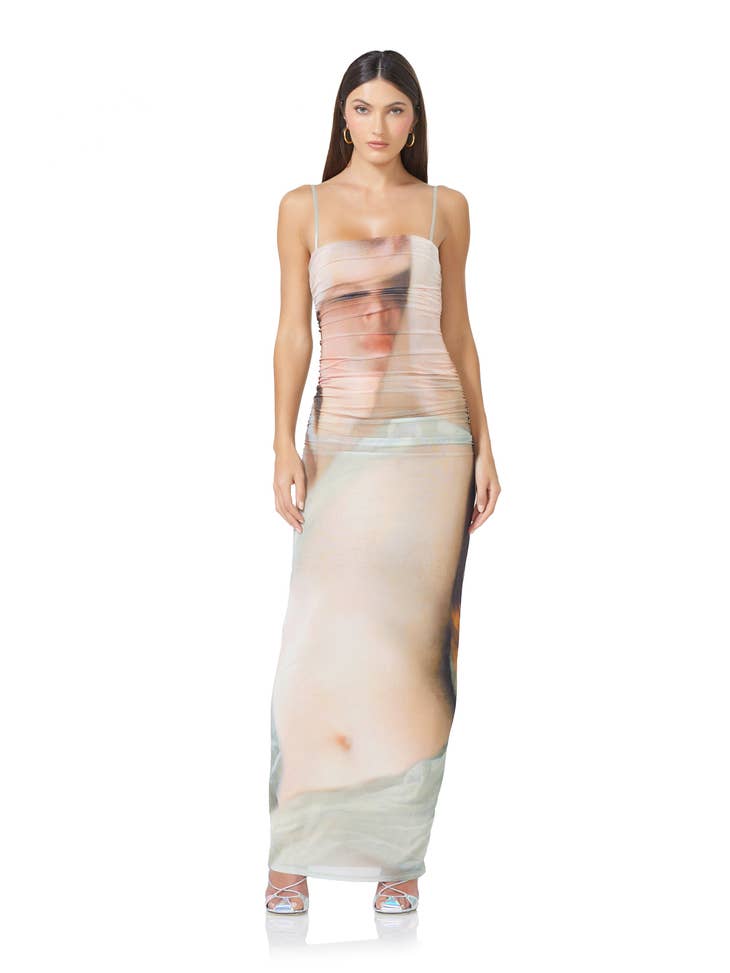 Jennan Ruched Photoprint Mesh Maxi Dress