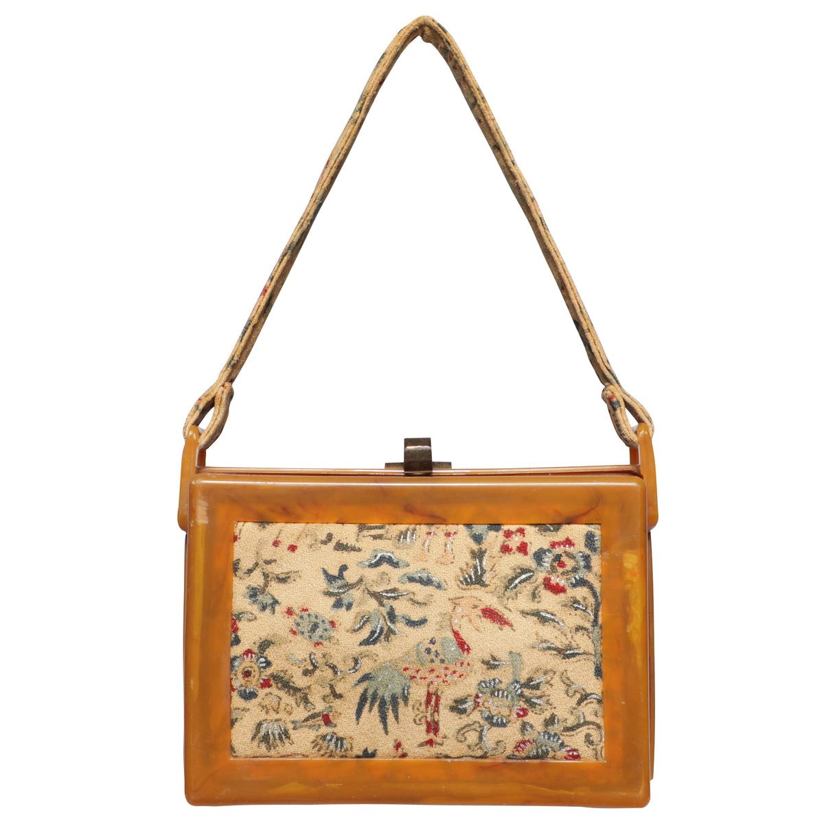 Vintage 1940s Bakelite Frame Box Tapestry Fabric Bag