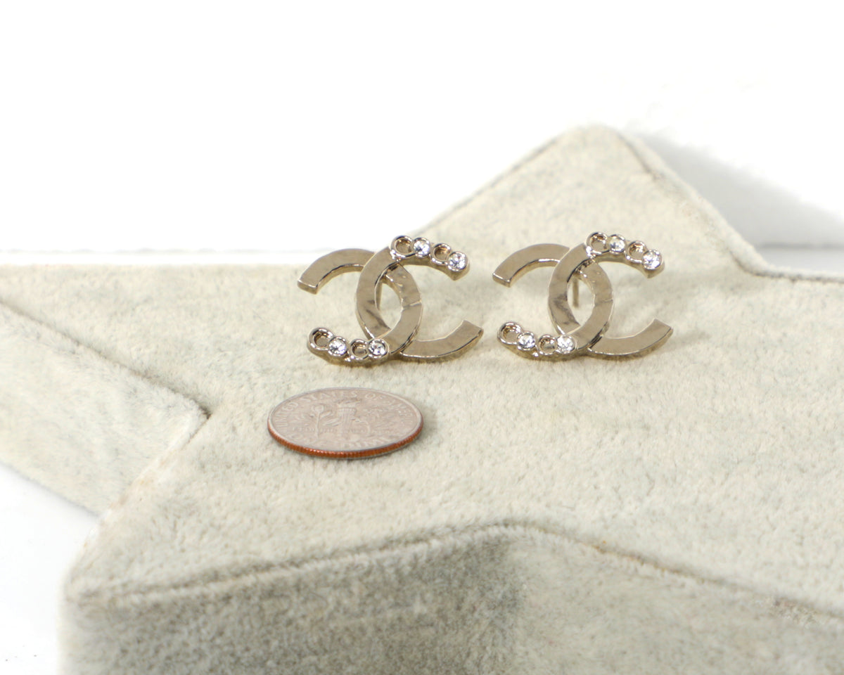 Chanel CC Logo Hammered Rhinestone Post Gold Earrings