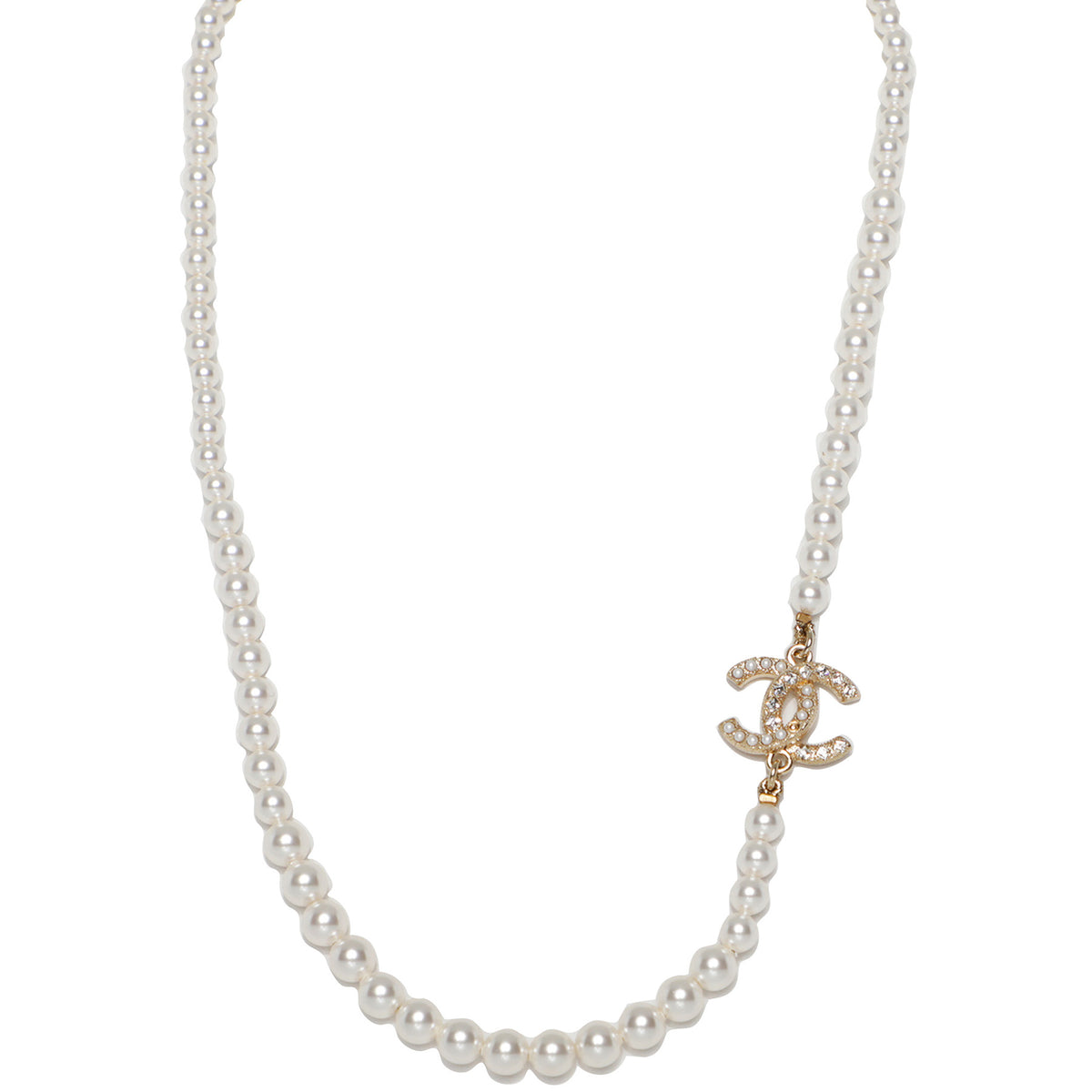 Chanel Pearl and Strass Single Strand Rhinestone Pendant Necklace