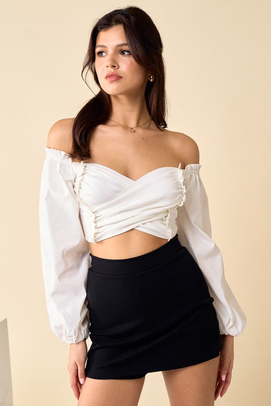 Selena Off Shoulder Puff Sleeve Crop Top Off White Mint Market