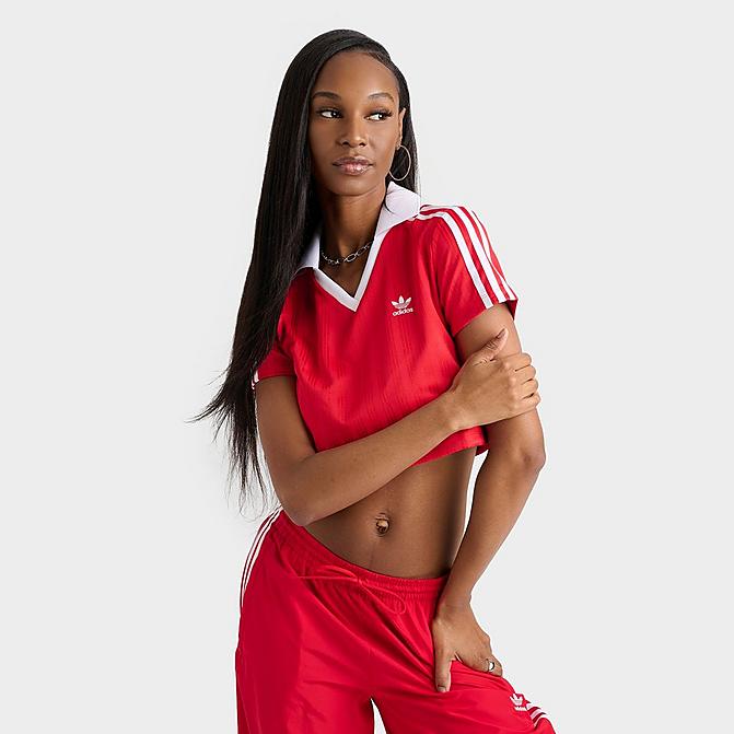 ★adidas★ Adicolor Football Jacquard V-Neck Crop Polo Shirt Adidas Women's Adicolor Football Jacquard V-Neck Crop Polo