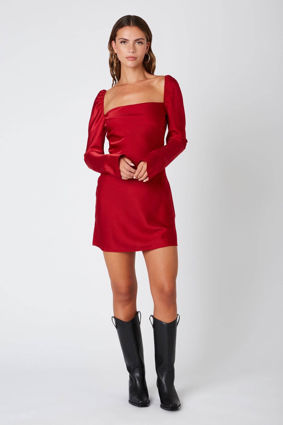 Chloe Satin Square Neck Bias Cut Slip Long Sleeve Mini Dress - Red