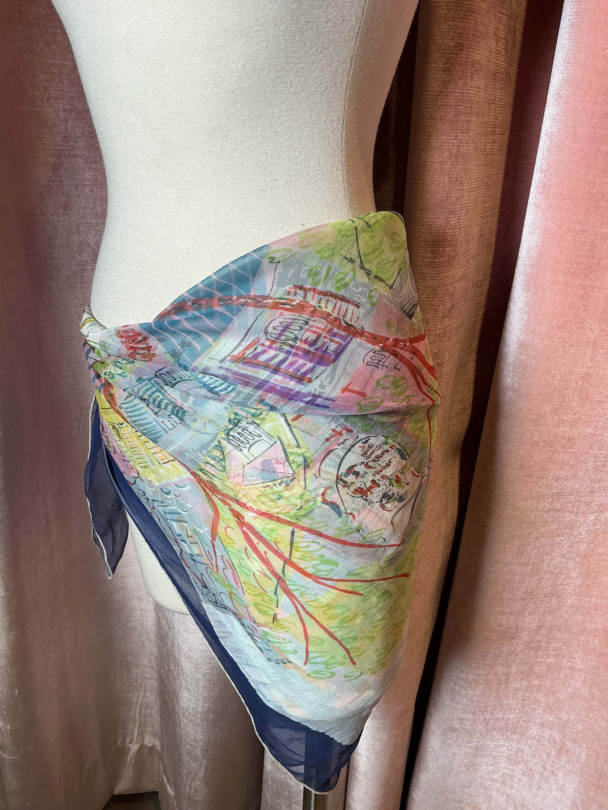 Vintage Y2K Paris Street Scene Hand-Rolled French Cityscape silk scarf