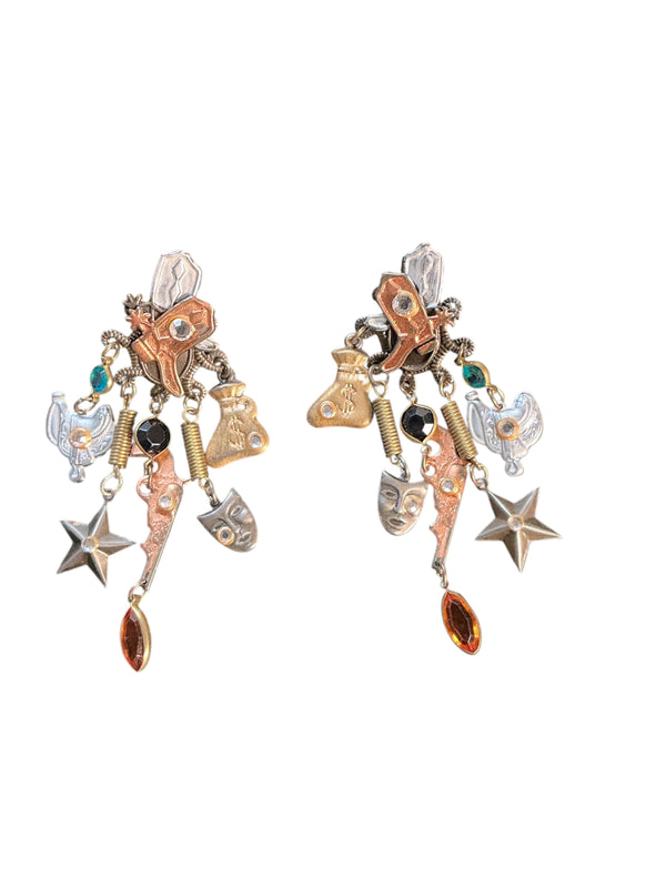 Vintage 80s Eclectic Western Charm Unique Cowboy Boot Money Bag Dangle Earrings