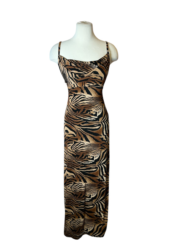 Vintage Y2K Arianna by Rachelnaye tiger print jersey maxi backless dress