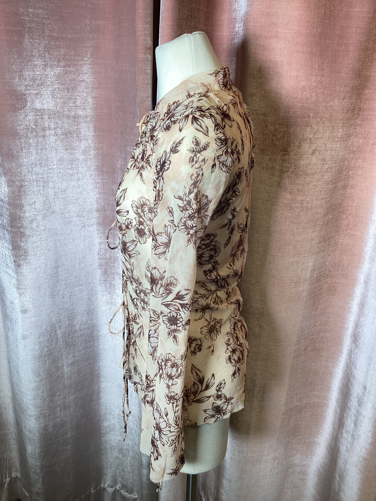 Vintage Y2K sheer floral tie collared bell Sleeve boho blouse-S
