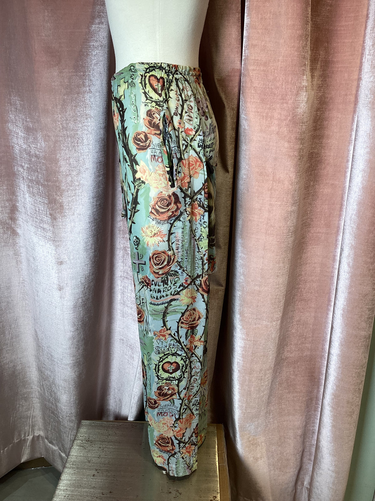 Vintage y2k 90s Jean Paul Gaultier female figure heart roses printed chiffon wide leg drawstring pants US 10 Large