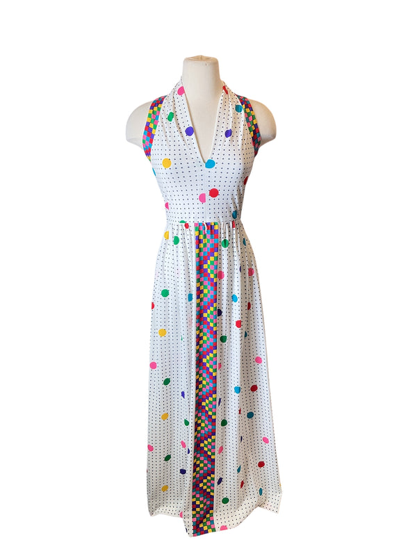 Vintage 1970s geometric print colorful rainbow poly knit maxi dress