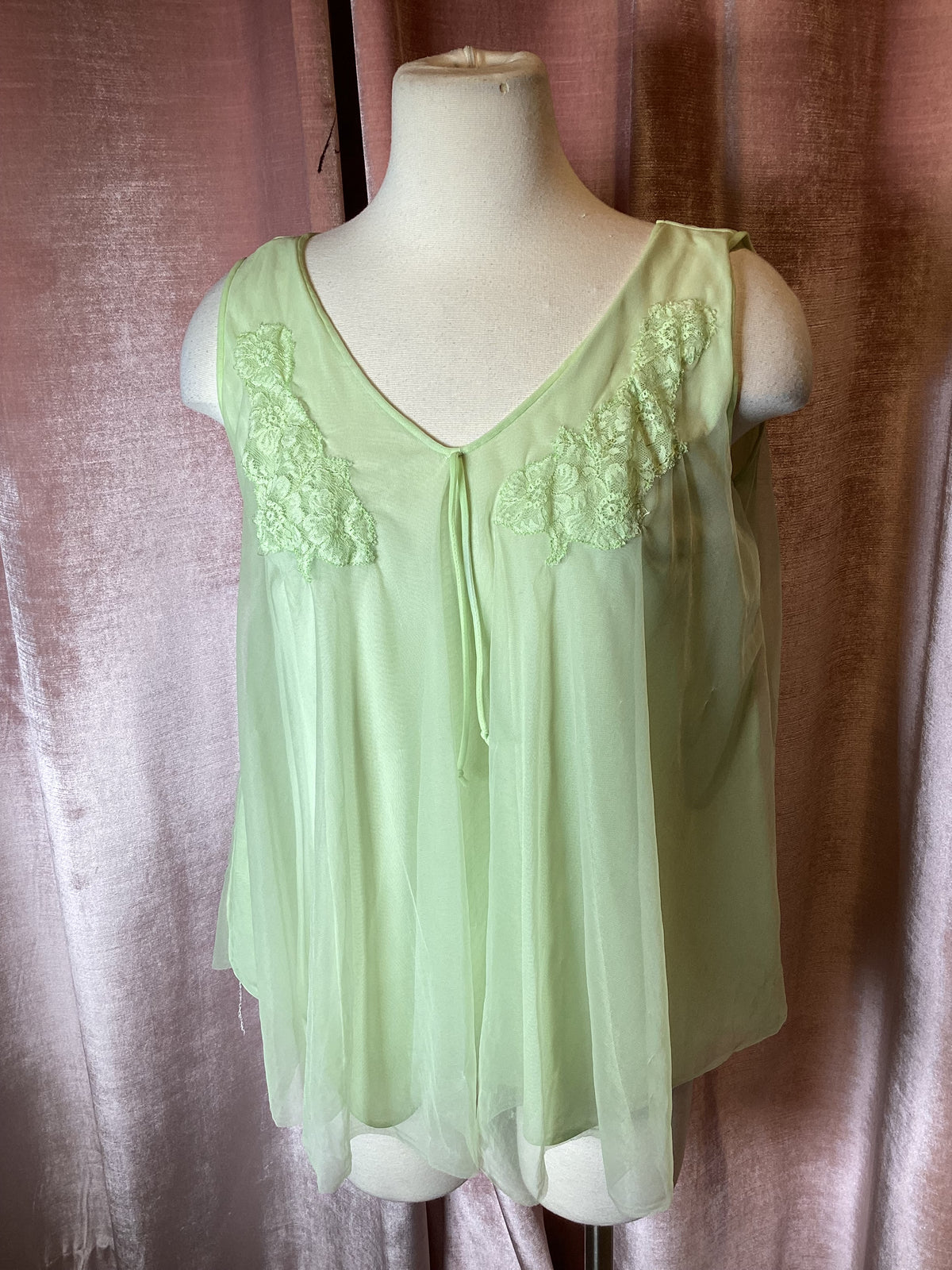Vintage Lime Green Chiffon Nightgown Top with Lace Detail M