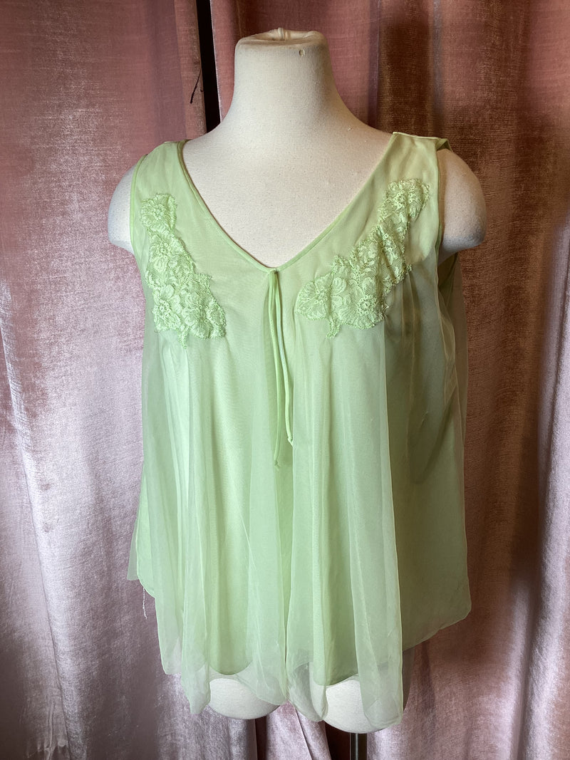 Vintage Lime Green Chiffon Nightgown Top with Lace Detail M