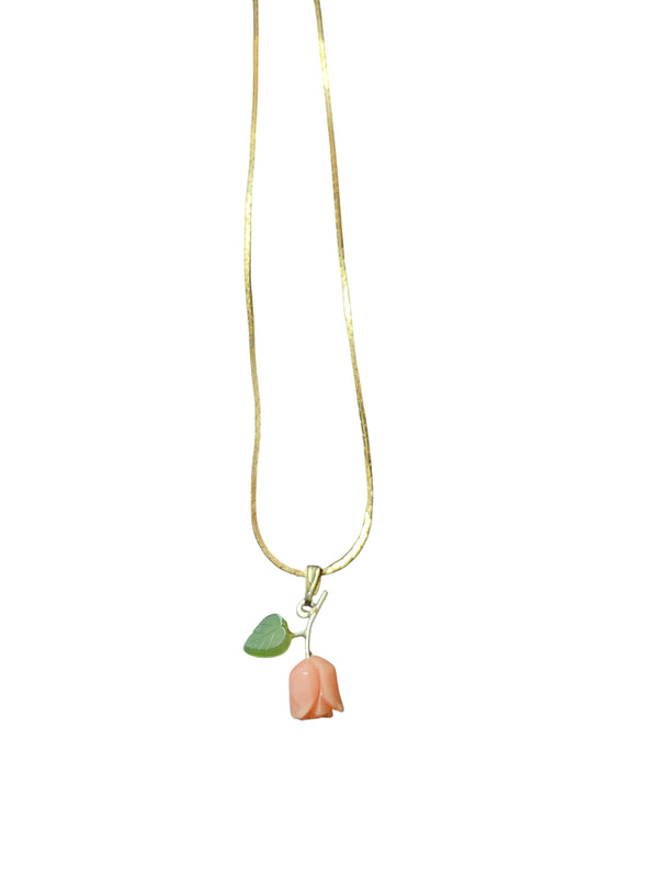 Vintage 1970’s coral rose jade leaf dainty chain necklace