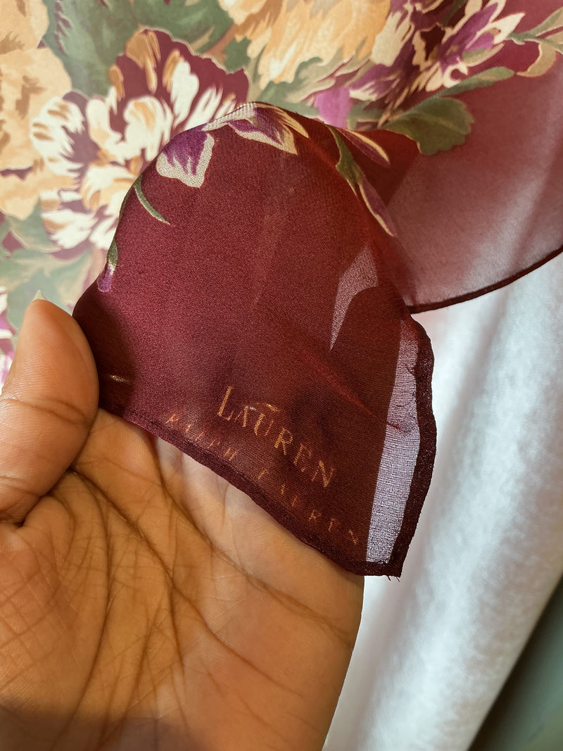 Vintage Y2K Ralph Lauren Floral Burgundy & Gold Botanical Print silk scarf