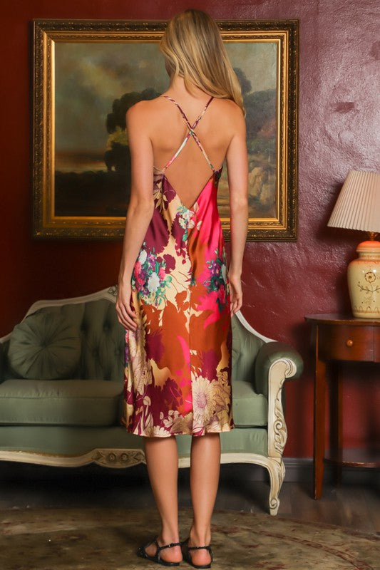 Krista Floral Patchwork Print Satin Slip Midi Dress
