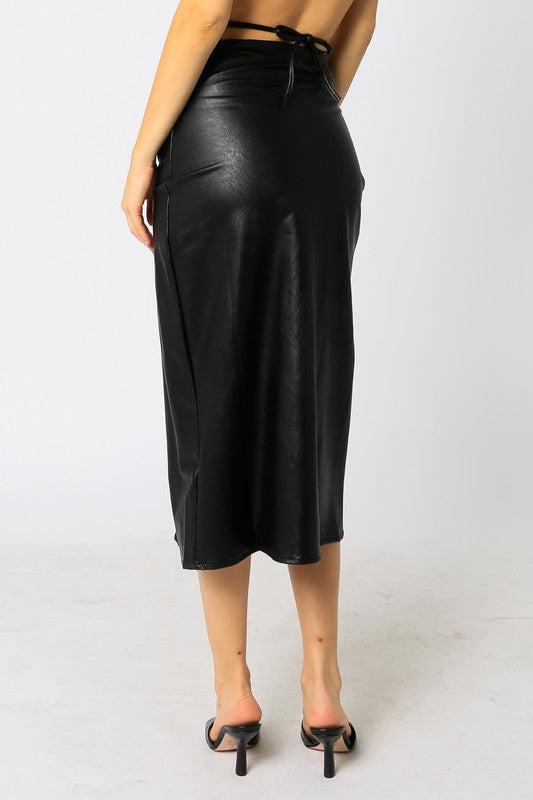 Dian Vegan Leather Midi Skirt - Black