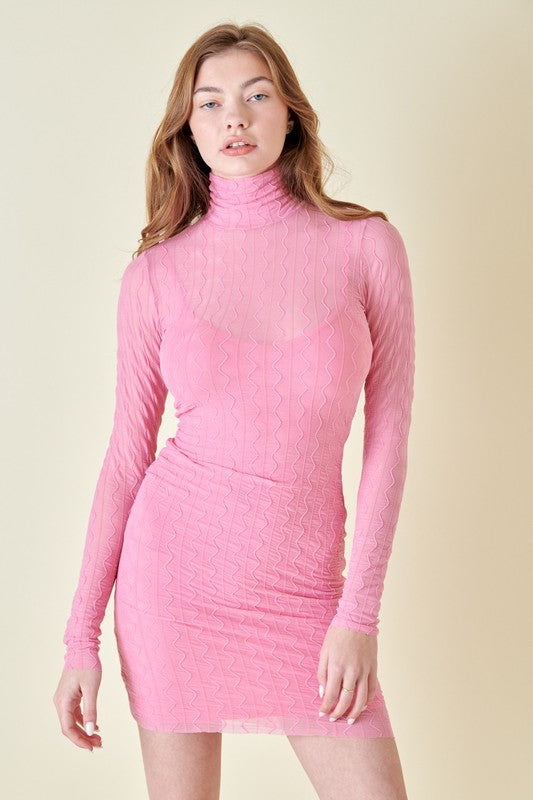 Mina Swirl Textured Mesh Sheer Mini Dress w/ Lining - Bubblegum