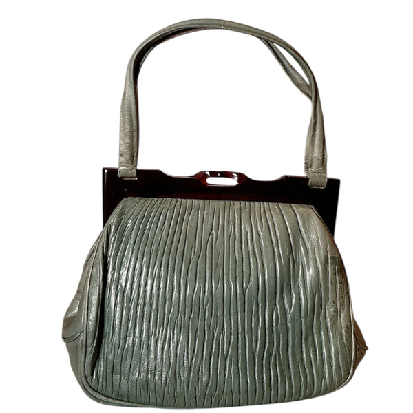 Vintage 1950s Pleated Leather Lucite Acrylic frame Top Handle Mini Shoulder Bag