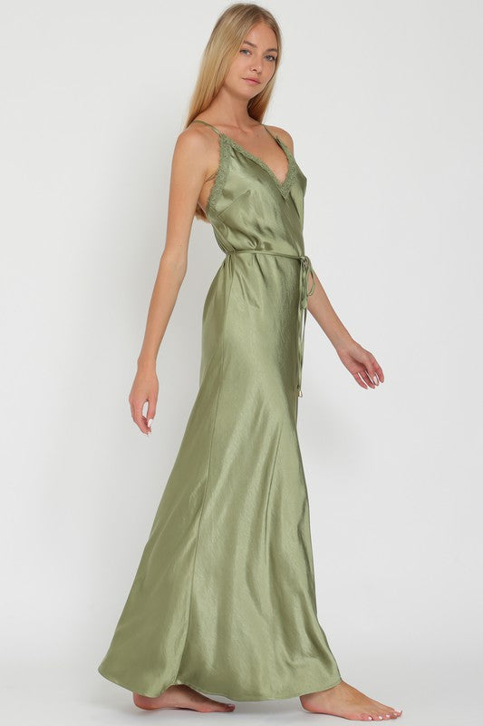 Aisling Satin Lace Trim Maxi Dress with Sash - Sage Mint Market Aisling Satin Lace Trim Maxi Dress with Sash - Sage Mint Market