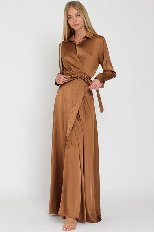 Brown Space Dye Shirred Wrap Tie Split Shift Dress