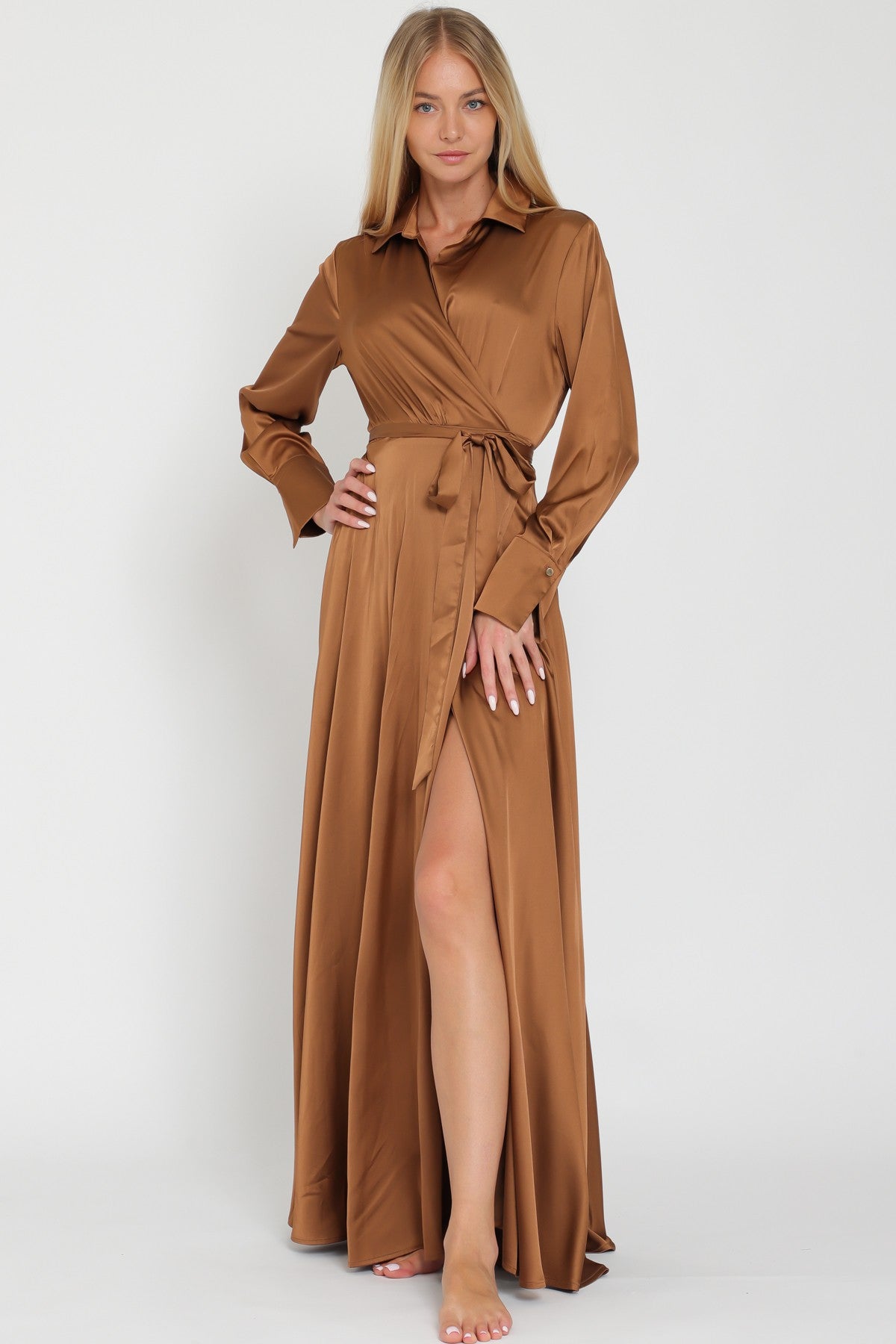 Sinead 70s Style Collar Wrap Maxi Dress - Bronze