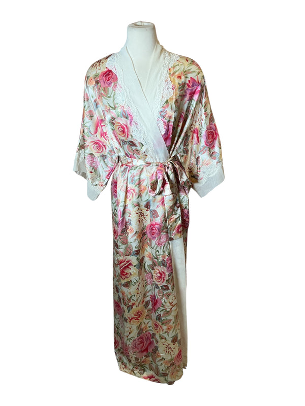 Vintage 1980s Valentino Silk Floral lace trim Robe & dress Set Elegant Two Piece Lingerie S