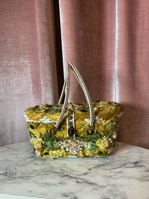 Vintage 1950s Midas of Miami Velvet Floral Applique Basket Box Handbag