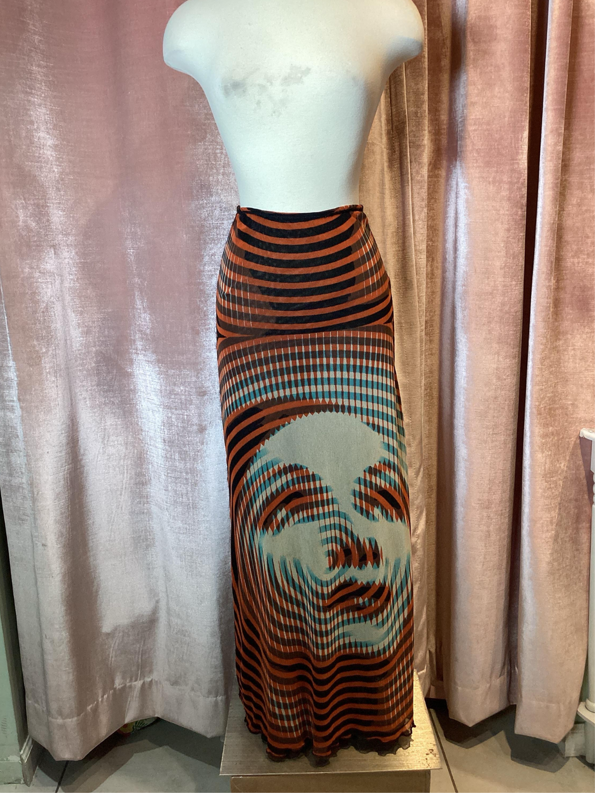 Y2K 90s Jean Paul Gaultier Soliel Maille Face Optical Illusion Photo Print Skirt Medium