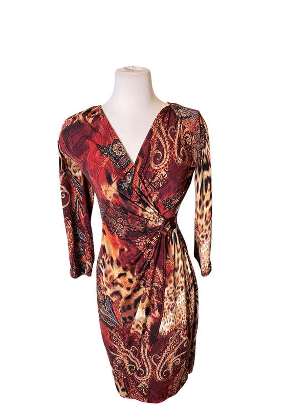 Vintage y2k Cache leopard mixed paisley ruched wrap surplice Body con dress medium
