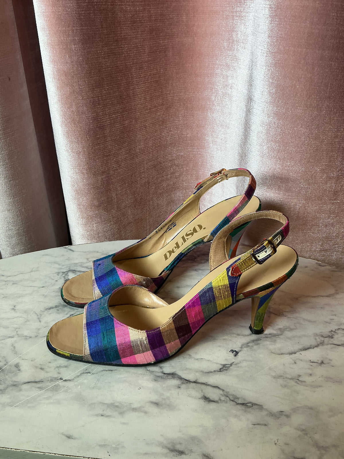 Vintage 1960s Deliso raw silk plaid open toe slingback hi heelb 6/6.5