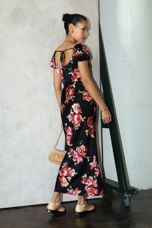 Kassi Milkmaid Empire Floral Maxi Dress - Black