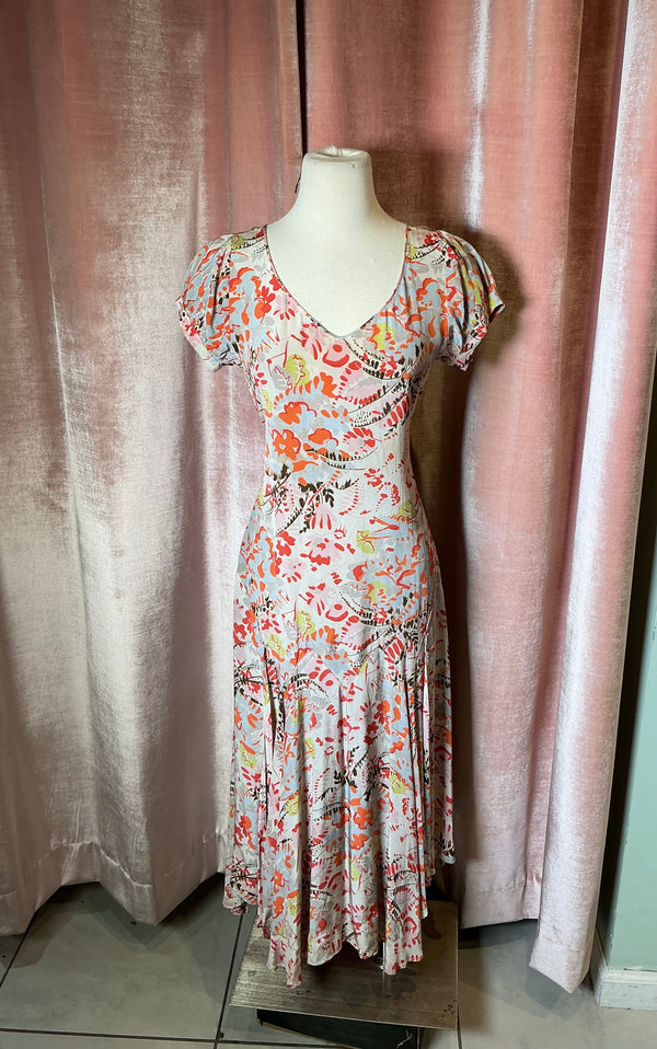 Vintage 30’s 40’s Drop waist rayon Abstract watercolor handkerchief midi dress
