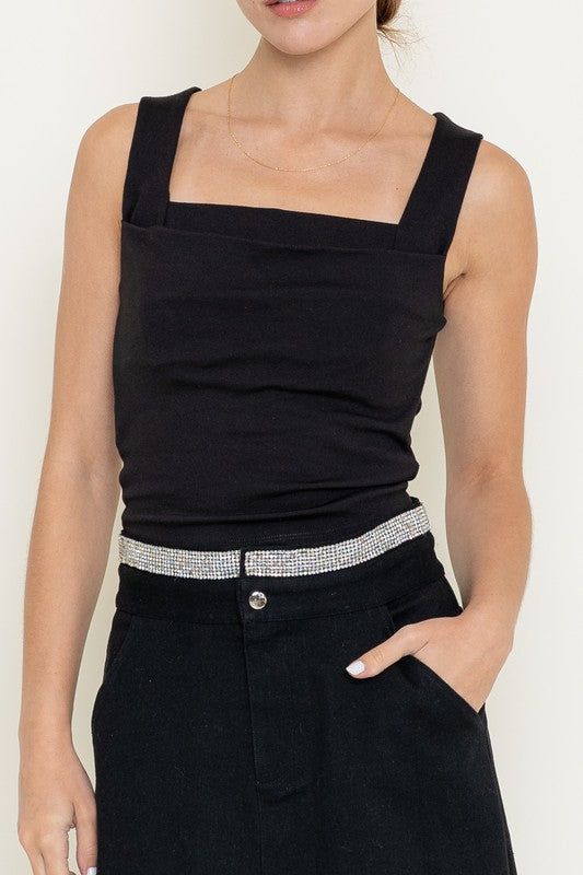 Rayna Cowl Square Neck Crop Tank Top - Black