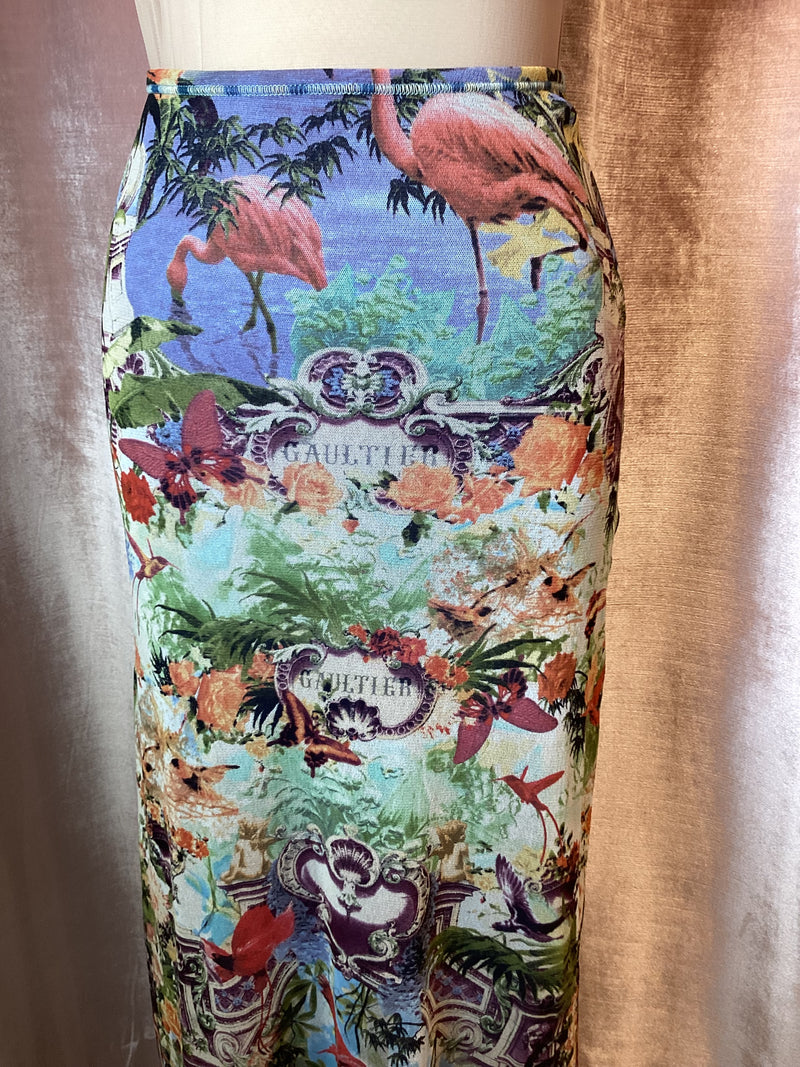 Y2K 1999 Jean Paul Gaultier Soliel Floral Flamingo Photo Print Midi Skirt Medium