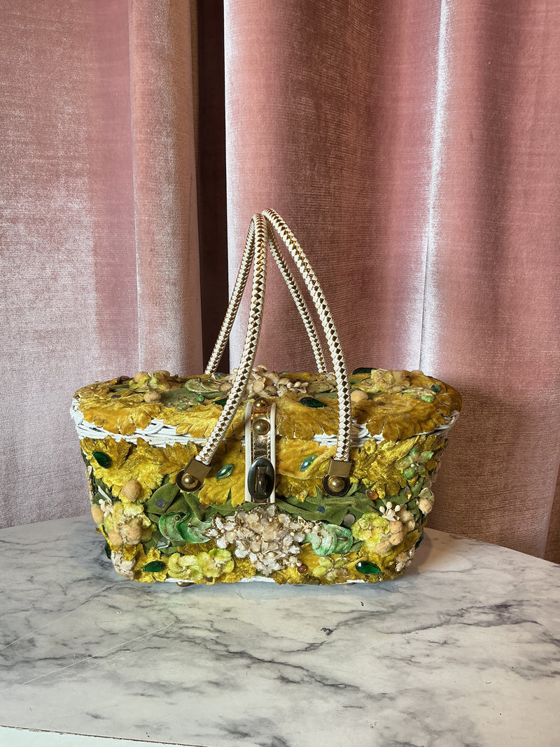 Vintage 1950s Midas of Miami Velvet Floral Applique Basket Box Handbag