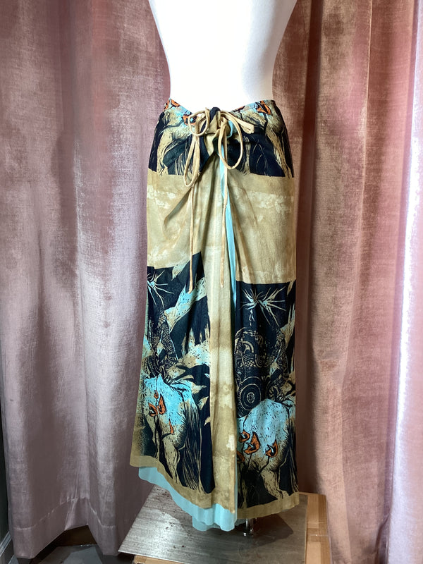 Vintage Y2K 90s Jean Paul Gaultier Maille Printed Mesh Maxi Wrap Skirt Medium