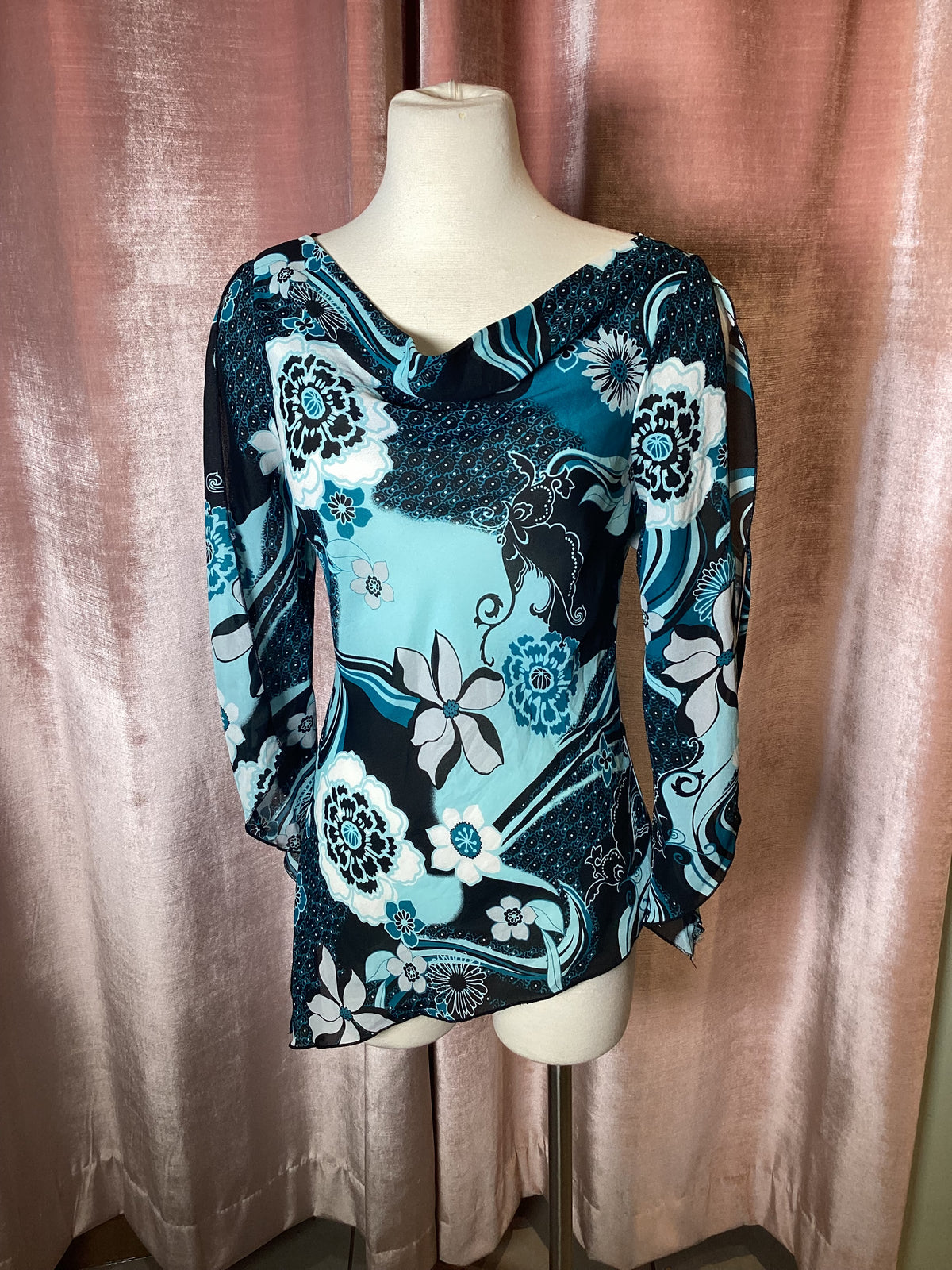 Vintage Y2K floral boho silk Asymmetrical open sleeve cowl neck top- S