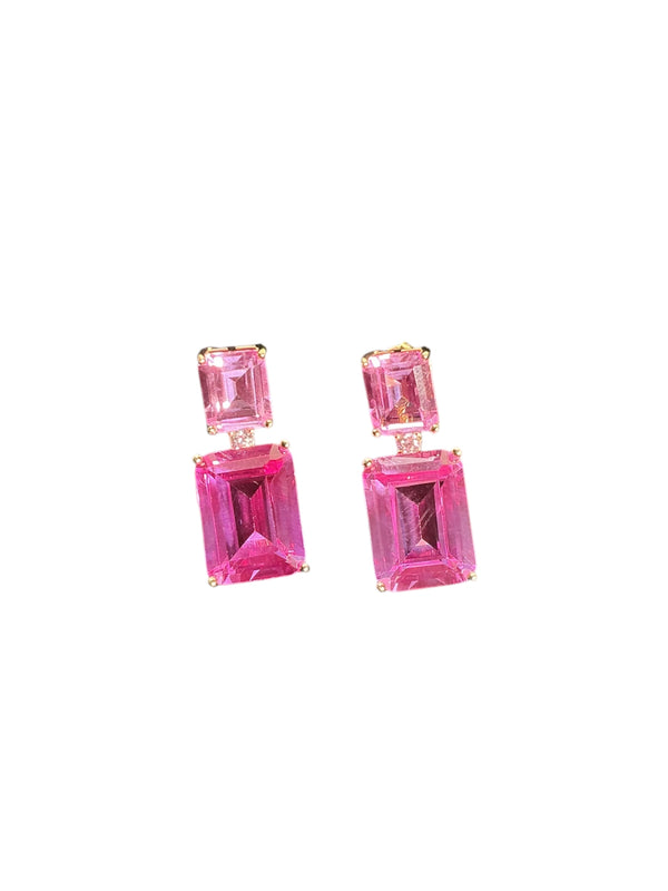 925 Gold Plated Duo Emerald Cut Pink Gem Earrings