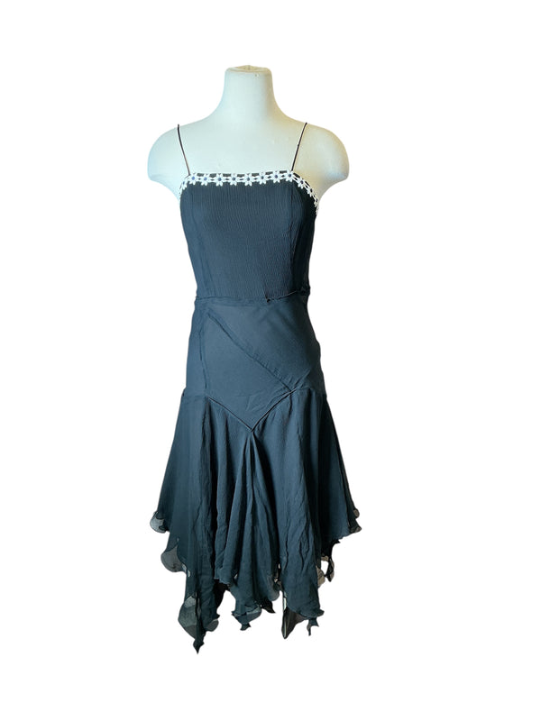 Vintage Y2K Black Ruffle Hem Lace Trim handkerchief Hem Cocktail Spaghetti Strap midi Dress S