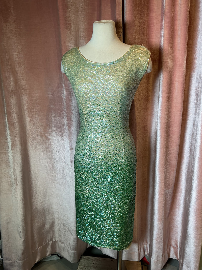 Vintage 70s Banff Sequin Shimmering Green Ombre Cocktail Glamour Party Wear dress S/M