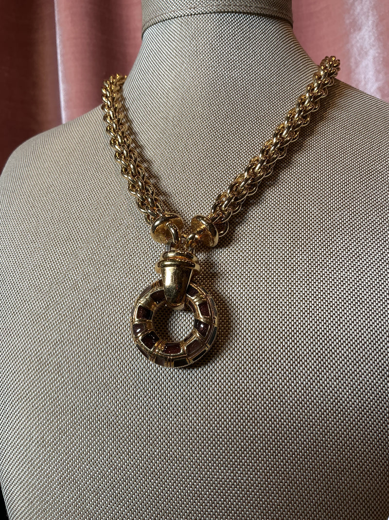 Vintage 1980s gold plated enamel door knocker pendant necklace