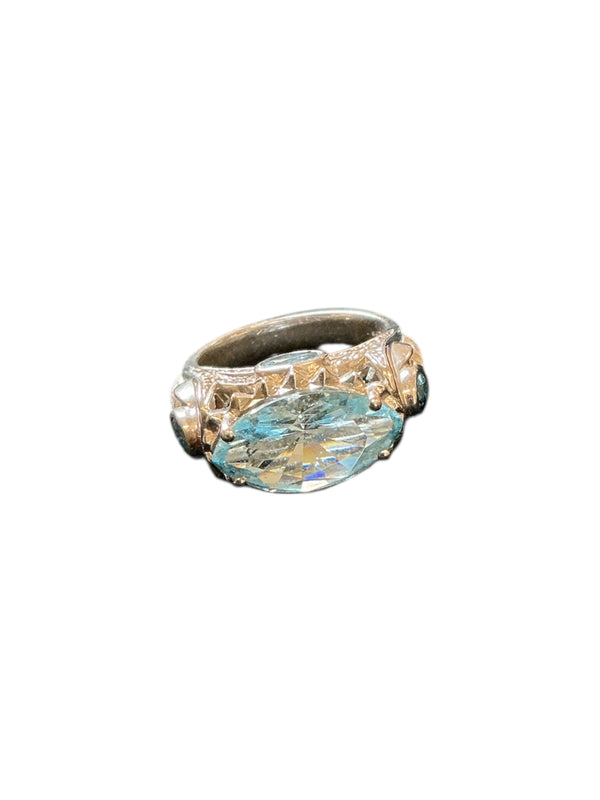 Vintage 1969s 925 silver cats eye aquamarine color gemstone cocktail ring 6.5/7