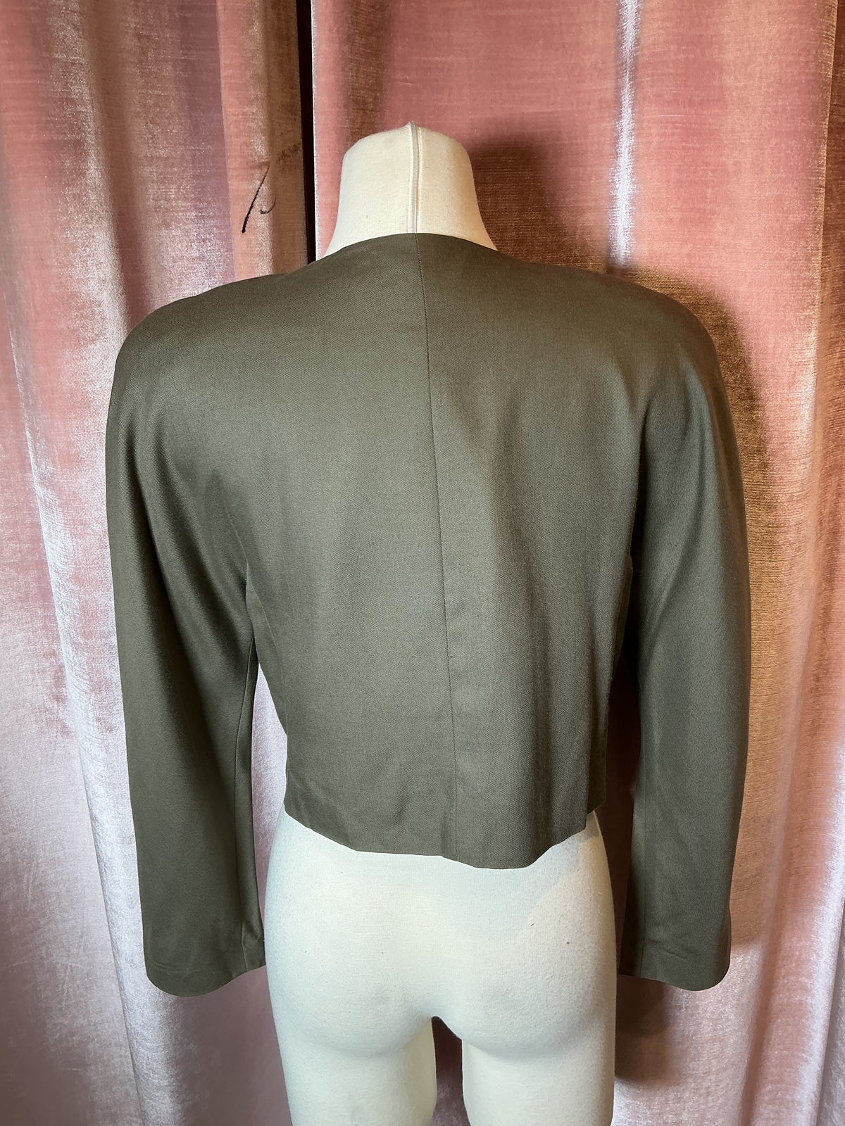 Vintage 80s Olive Green Cropped Double-Breasted V-Neck Button-Up Power Shoulder Blazer M
