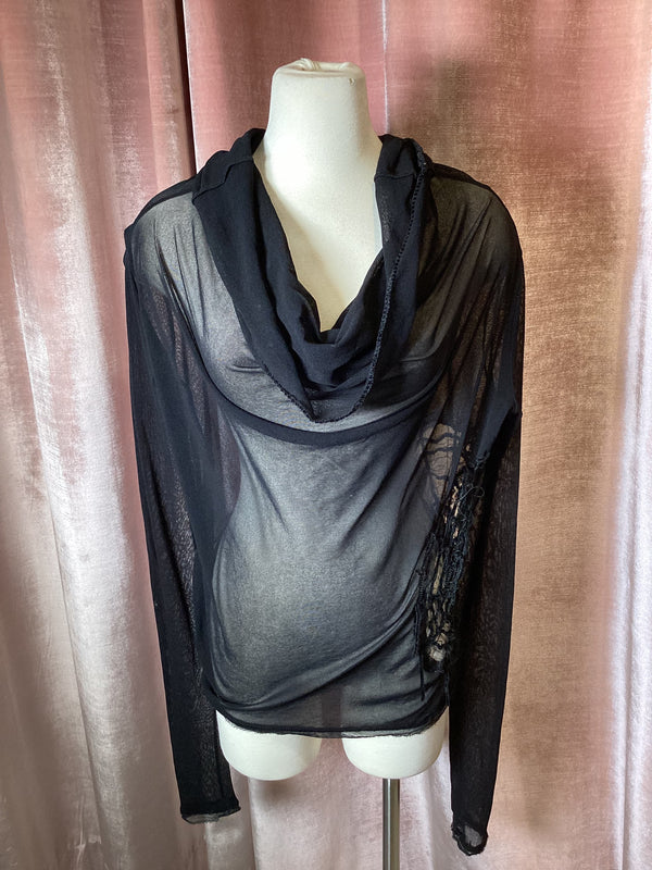 Y2K 90s Jean Paul Gaultier Soliel mesh cowl neck crochet spider web net black top Medium