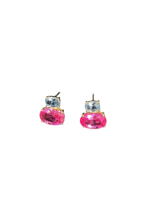 925 Gold Plated Duo Oval Pink And Blue Gem Stud Earrings