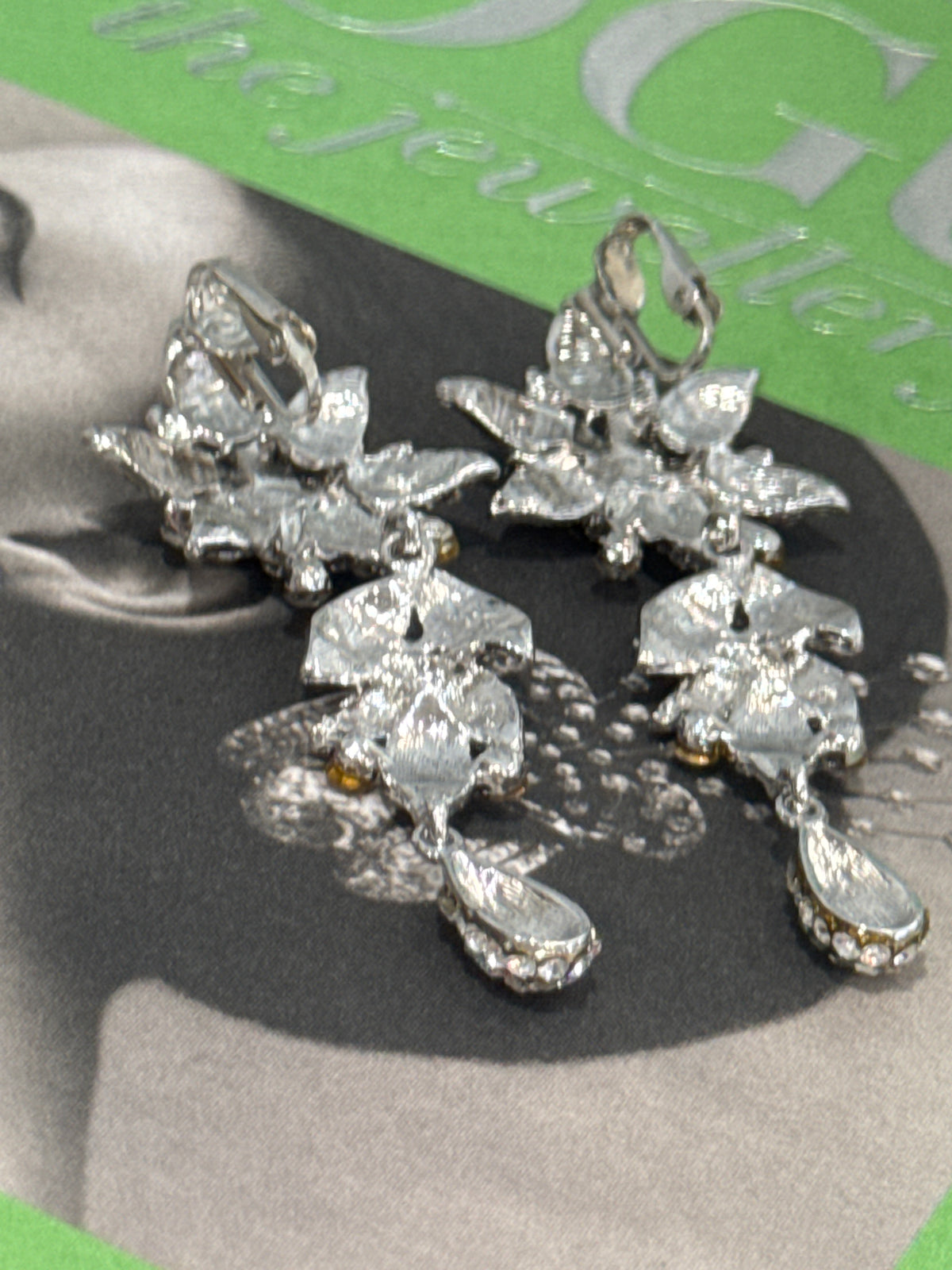 Vintage 1980s Statement CZ Flower Drop Crystal Clip Earrings