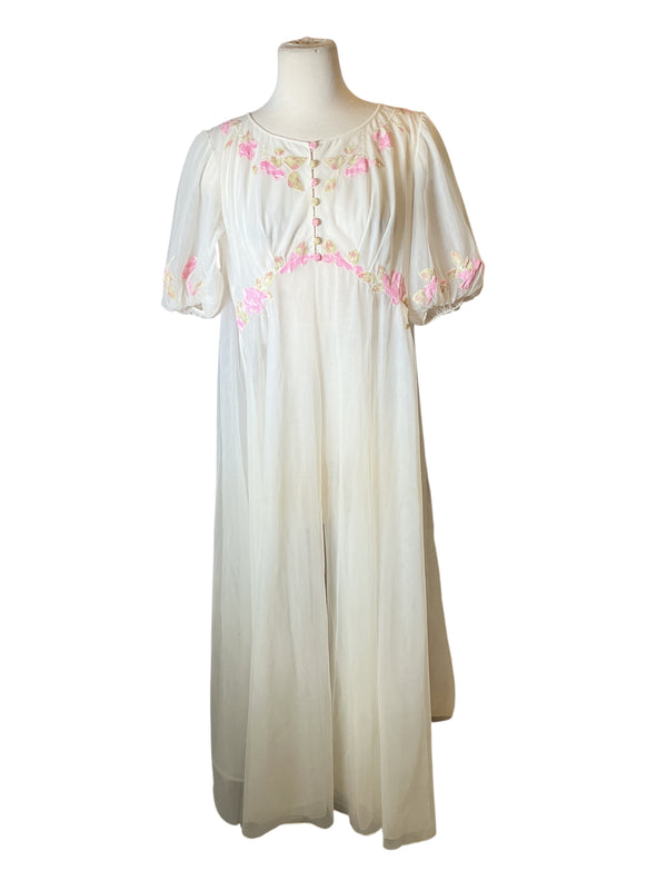 Vintage 80s nylon chiffon White Embroidered Floral Empire Waist robe dress 2 pc set M