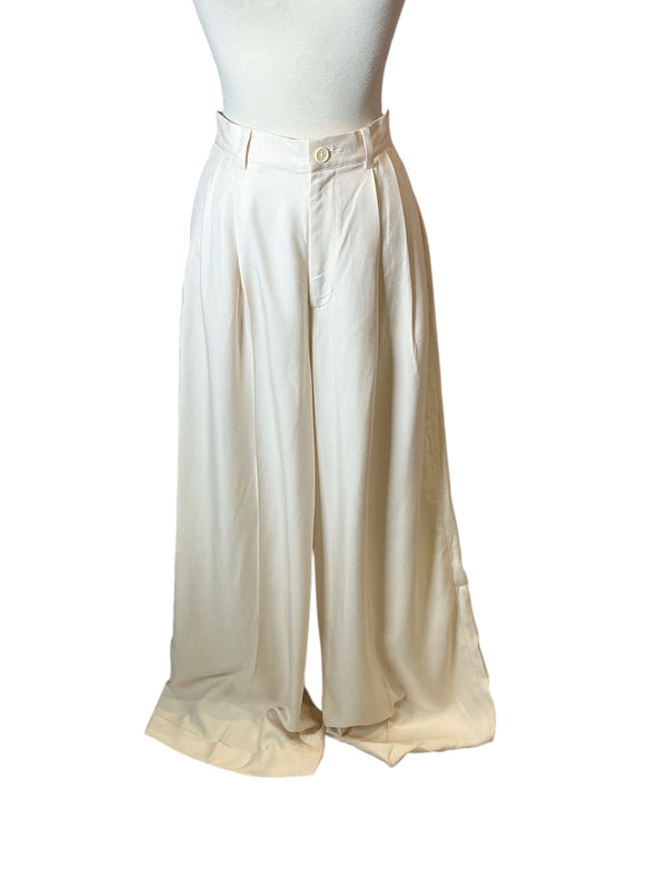 Vintage Elegant White Wide Leg High Waisted Pleated Trousers Flowy Palazzo Pants S