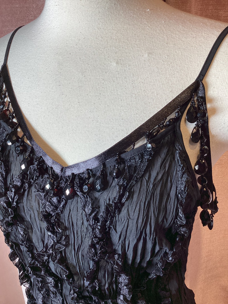 Vintage Y2K Black Ruffled Fringe Camisole Beaded Straps Fairycore Grunge top M