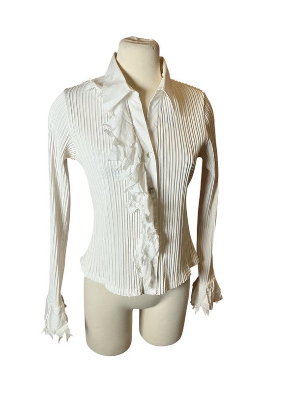 Vintage White Ruffled Pleated Long Sleeve Button Up Victorian Style Top S